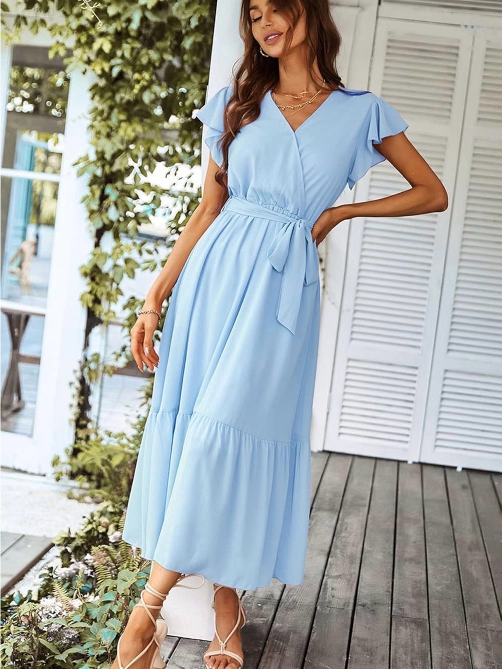 Pretty Garden Light Blue Wrap Midi Dress with Tie Waist